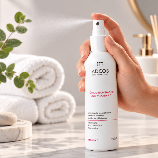 Tônico Iluminador Com Vitamina C ADCOS sendo aplicado em spray