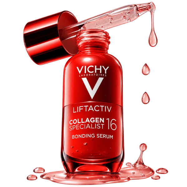 Sérum Facial Antirrugas Vichy Liftactiv Collagen Specialist 16 Bonding Serum, em frasco vermelho com conta-gotas e textura do sérum.