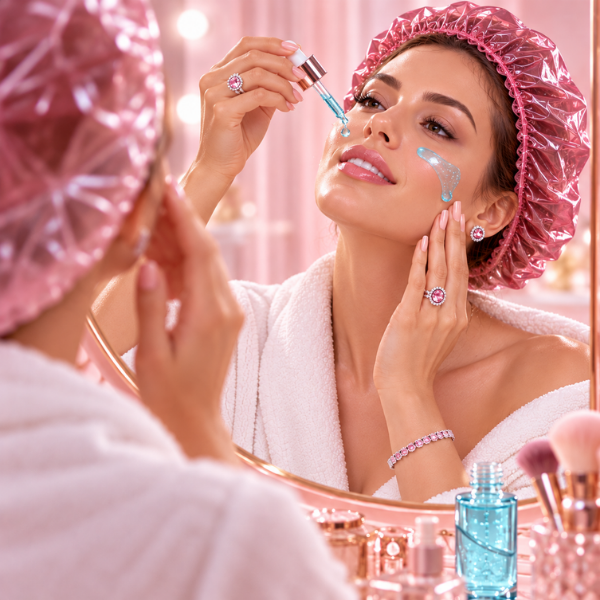 Mulher elegante aplicando sérum anti rugas com ácido hialurônico no rosto, diante do espelho, com gotas azuis que representam hidratação intensa e suavização da aparência das linhas finas.