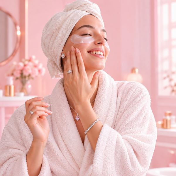 Mulher elegante aplicando produto facial com colágeno, representando os cuidados com a firmeza, a hidratação e a aparência das rugas com sérum anti rugas.