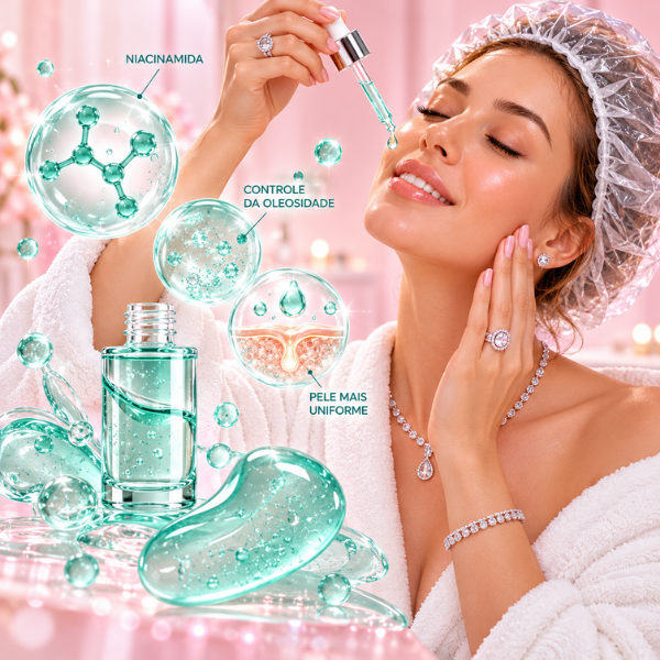 Mulher elegante aplicando sérum anti rugas com niacinamida no rosto, com gotas verde-água que representam hidratação, controle da oleosidade e pele mais uniforme.