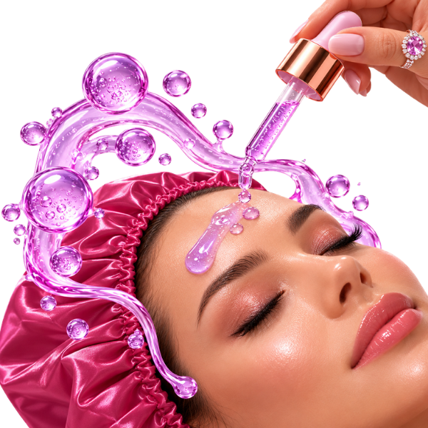 Mulher aplicando sérum anti rugas com PDRN e exossomos na testa, com gotas lilás que representam ativos cosméticos para o cuidado da pele madura.